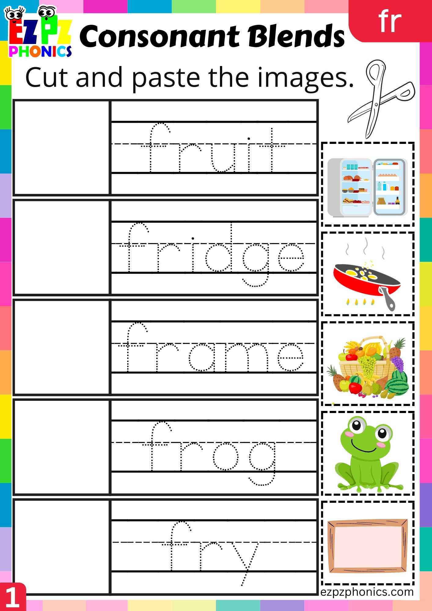 Group1 FR Words Cut And Paste The Images Phonics Consonant Blends Worksheet